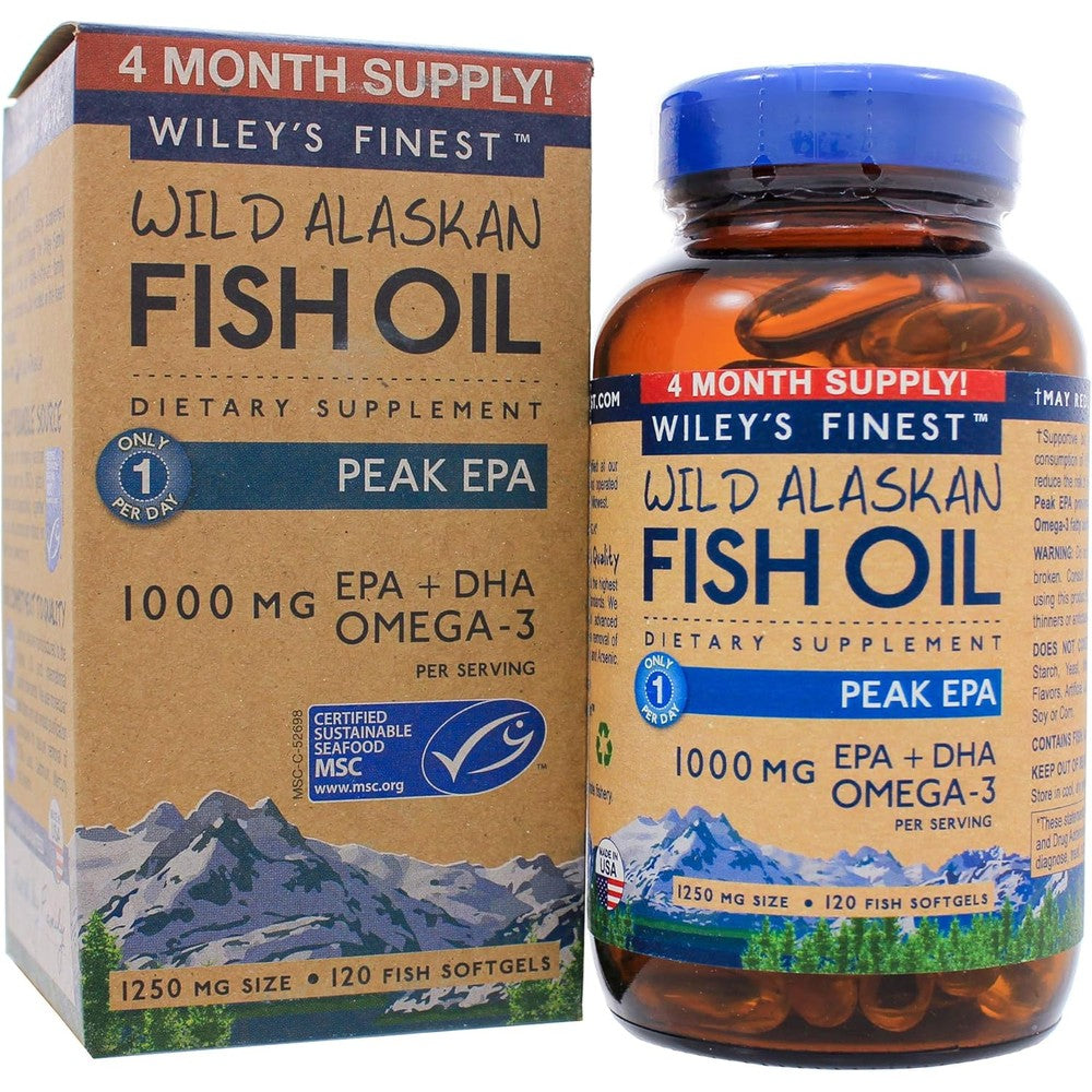 Wiley's Finest Wild Alaskan Fish Oil Peak EPA 120 softgel bottle front view