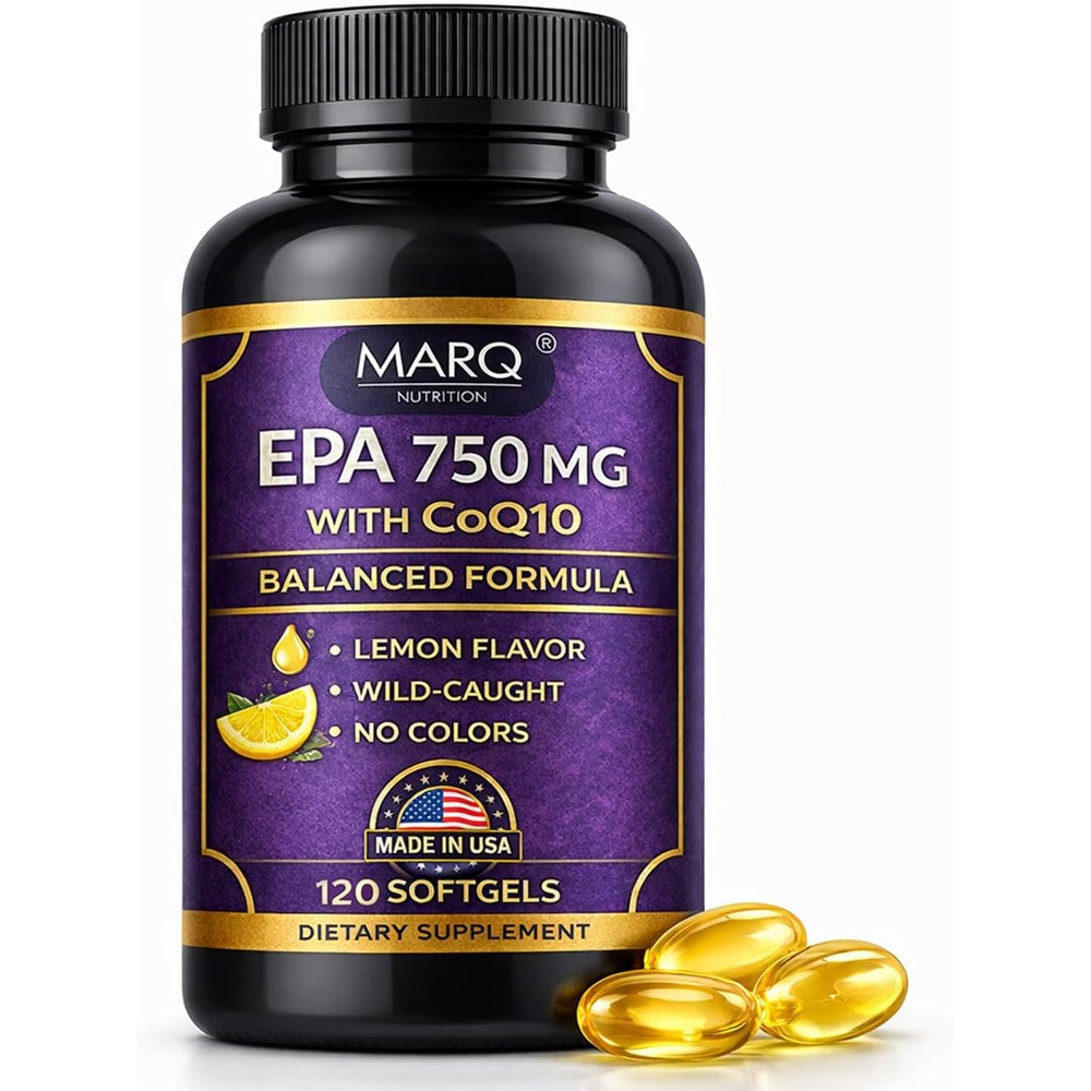 Marq Nutrition 750mg EPA with CoQ10 Lemon Omega 3 supplement bottle front view