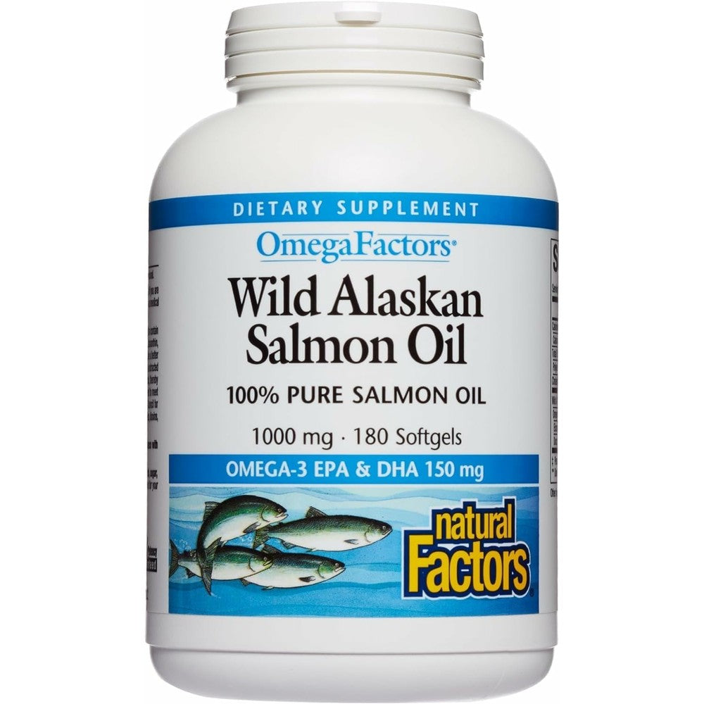 Natural Factors Wild Alaskan Salmon Oil front view packaging bottle of 180 softgels