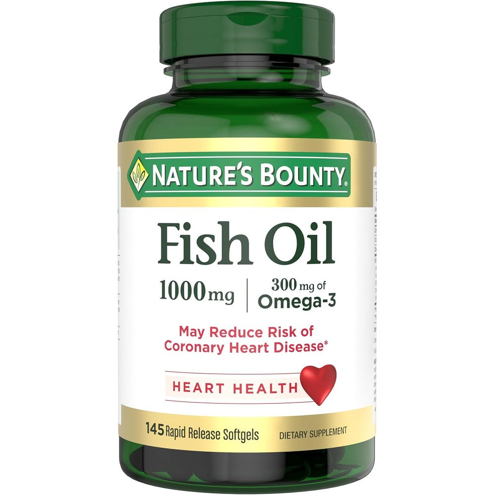 Nature's Bounty Fish Oil 1000 Milligrams 145 Softgels front bottle view showing omega-3 health claims