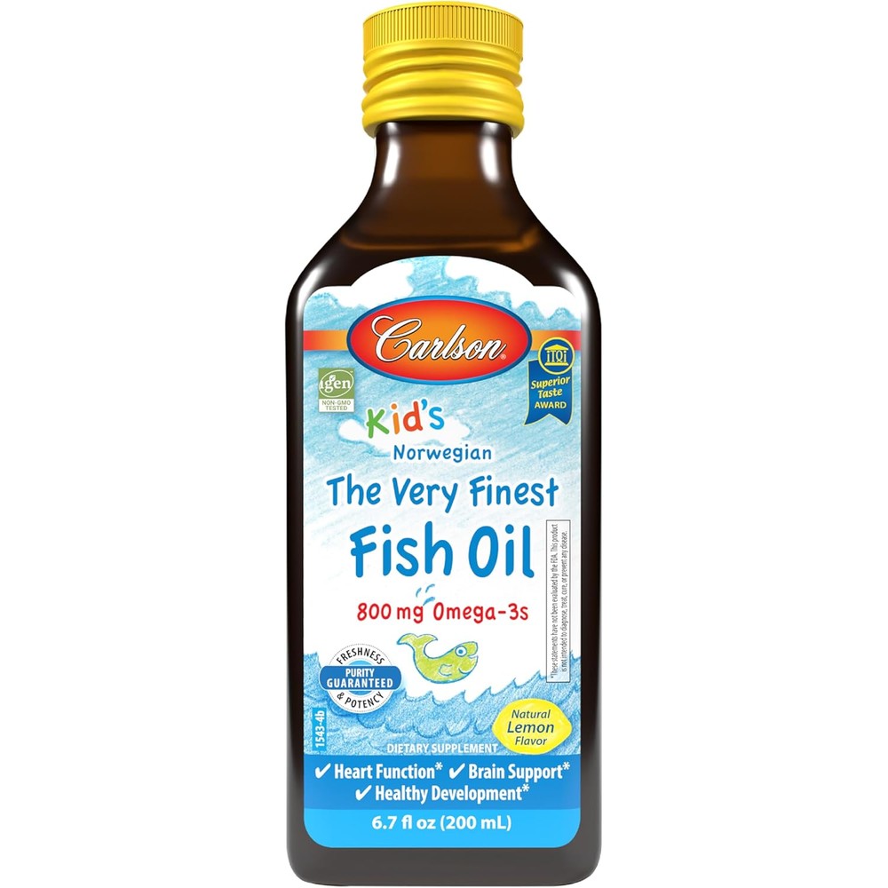 Carlson Kids Fish Oil front view bottle with yellow cap and lemon design