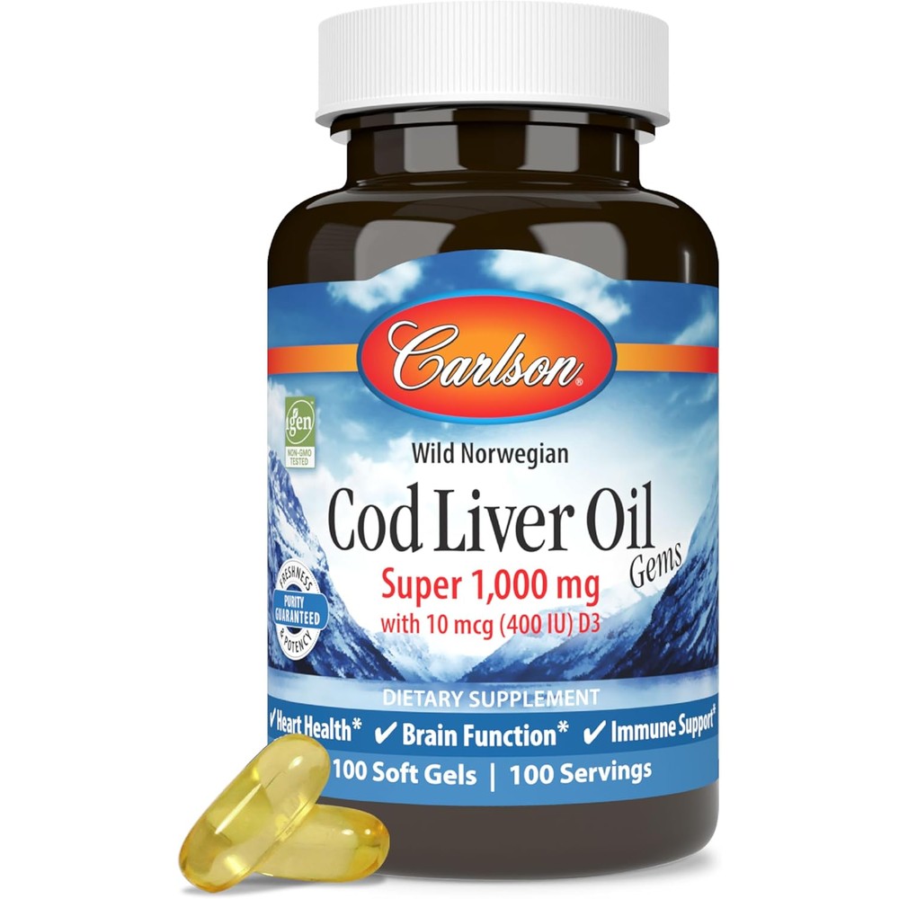 Carlson Super 1000 mg Cod Liver Oil Gems 100 softgels bottle front view