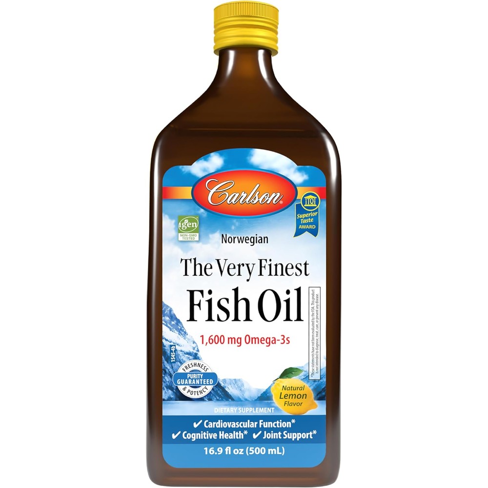 Carlson The Very Finest Fish Oil Lemon 500ml front view bottle showing premium liquid omega 3 supplement from Norway.