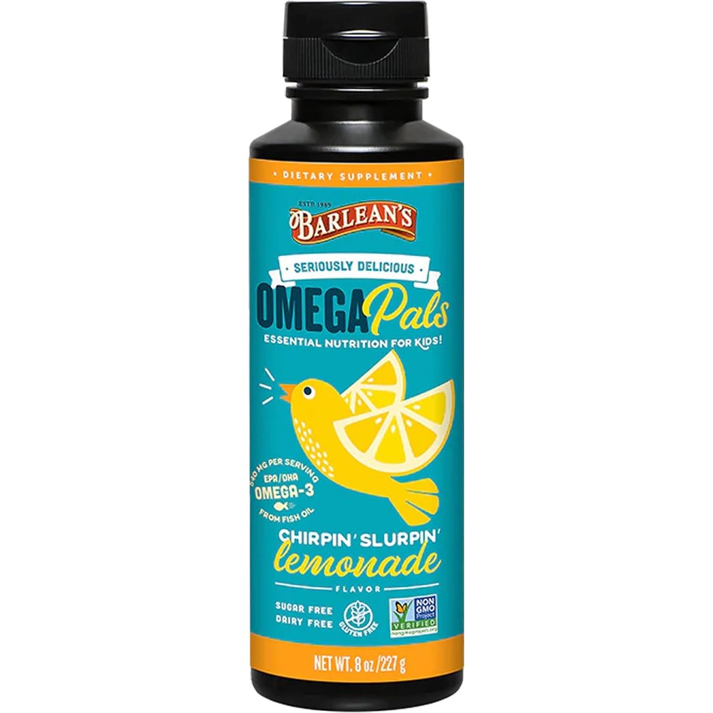 Barlean's Omega Pals Chirpin' Slurpin' Lemonade front bottle view children's fish oil supplement
