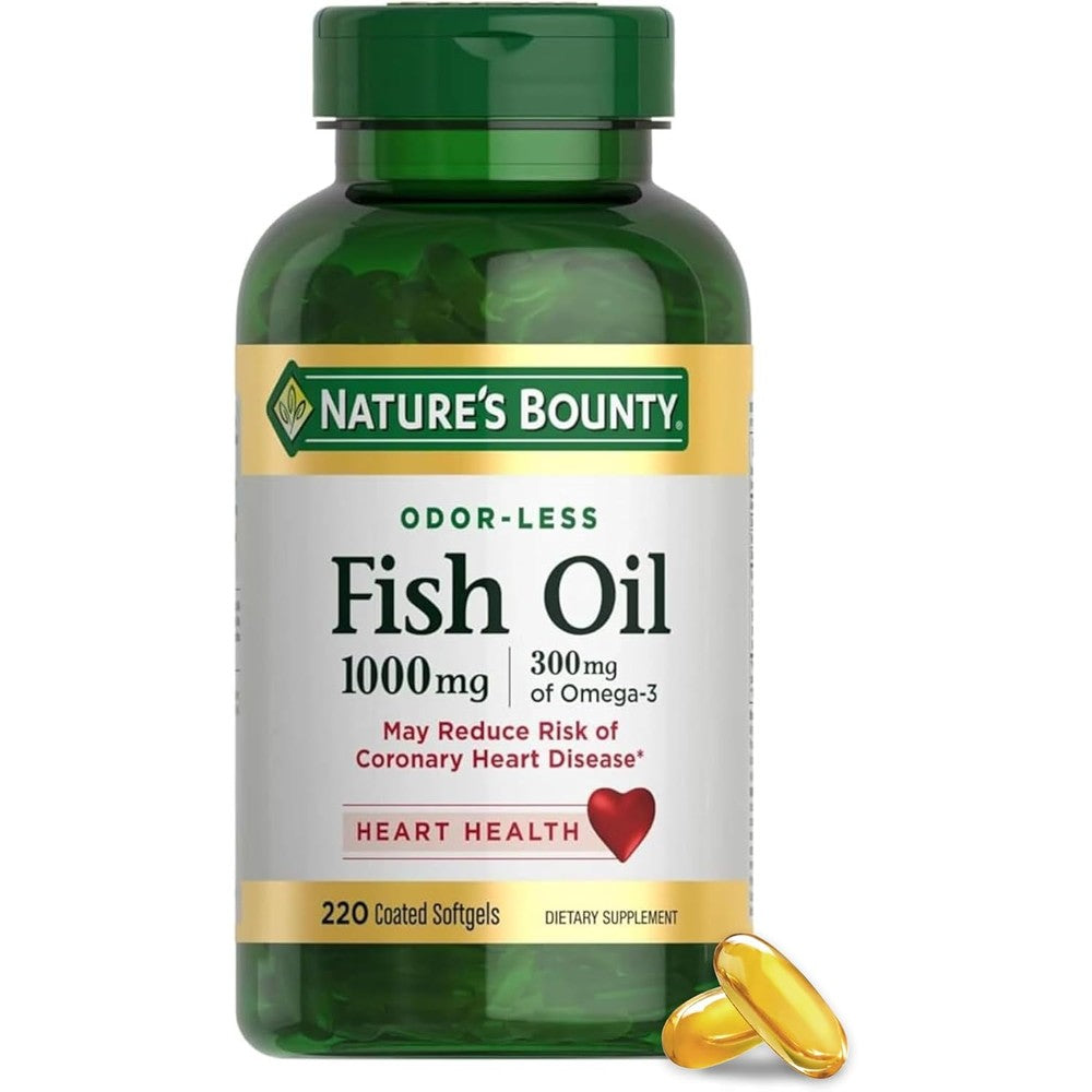 Nature's Bounty Fish Oil One Thousand Milligrams front view showing the green bottle label detailing two hundred and twenty coated softgels for daily heart health support.