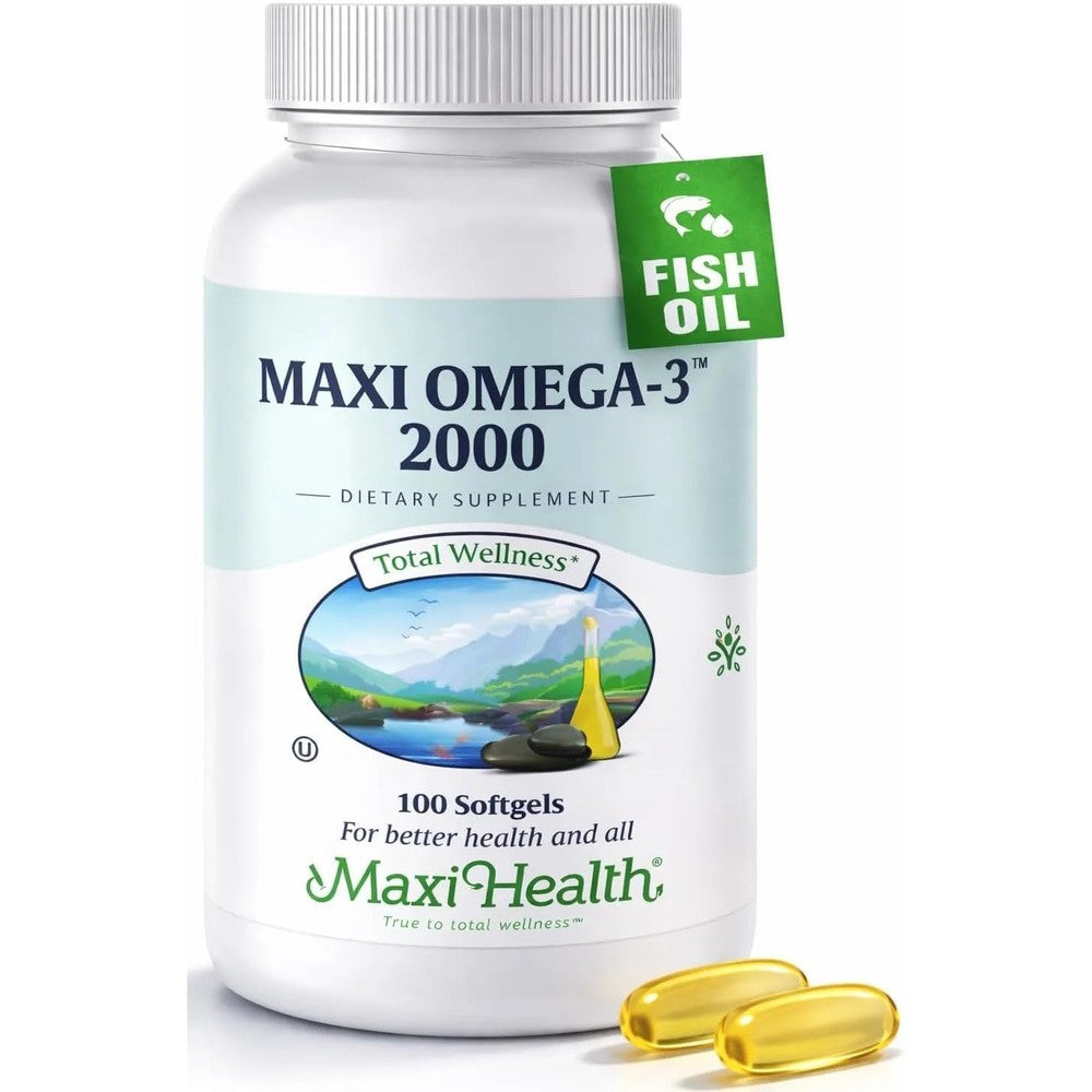 Maxi Health Omega 3 Fish Oil Triple Strength 2000 mg 100 softgels front bottle view