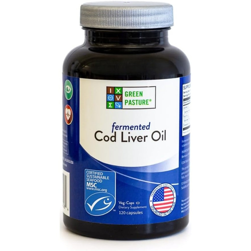 Green Pasture Fermented Cod Liver Oil 120 Capsules front view