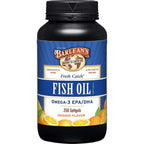 Barlean's omega 3 fish oil softgels bottle front view with orange flavor label
