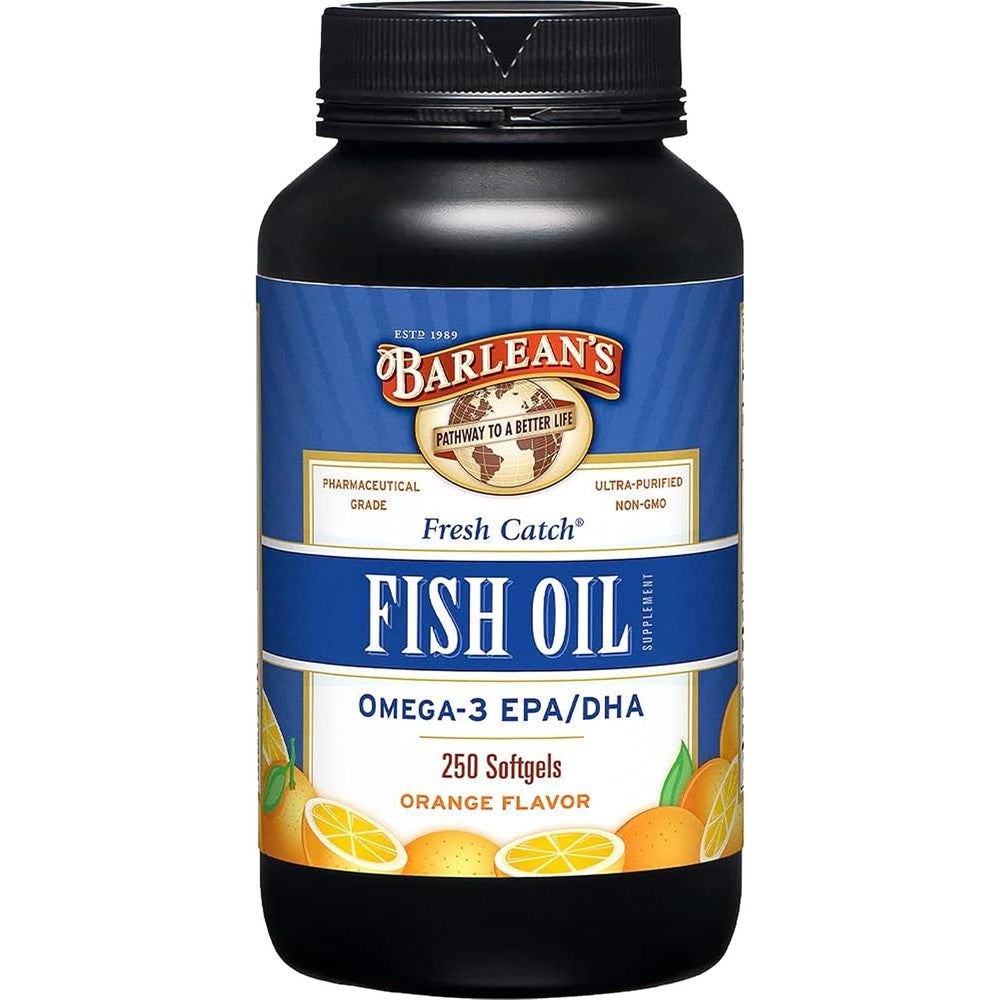 Barlean's Omega 3 Fish Oil 600mg 250 Softgels front bottle view showing orange flavor label