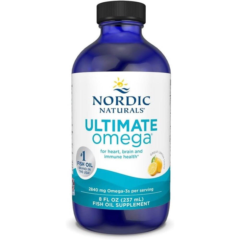 Nordic Naturals Ultimate Omega Liquid Fish Oil 8 Fluid Ounces front view showing premium USA packaging.