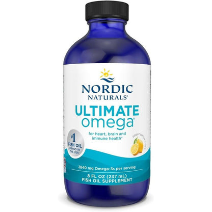 Nordic Naturals Ultimate Omega Liquid Fish Oil 8 Fluid Ounces front view showing premium USA packaging.