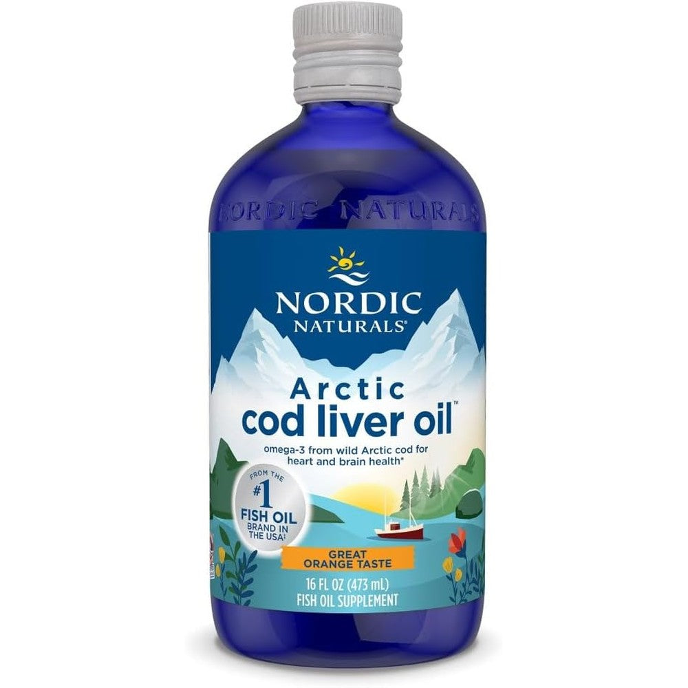 Nordic Naturals Arctic Cod Liver Oil liquid front view bottle showing orange flavor labels