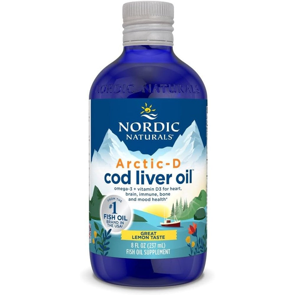 Nordic Naturals Arctic-D Cod Liver Oil front view with lemon flavor bottle