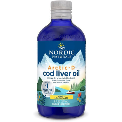 Nordic Naturals Arctic-D Cod Liver Oil liquid bottle front view showing lemon flavor text