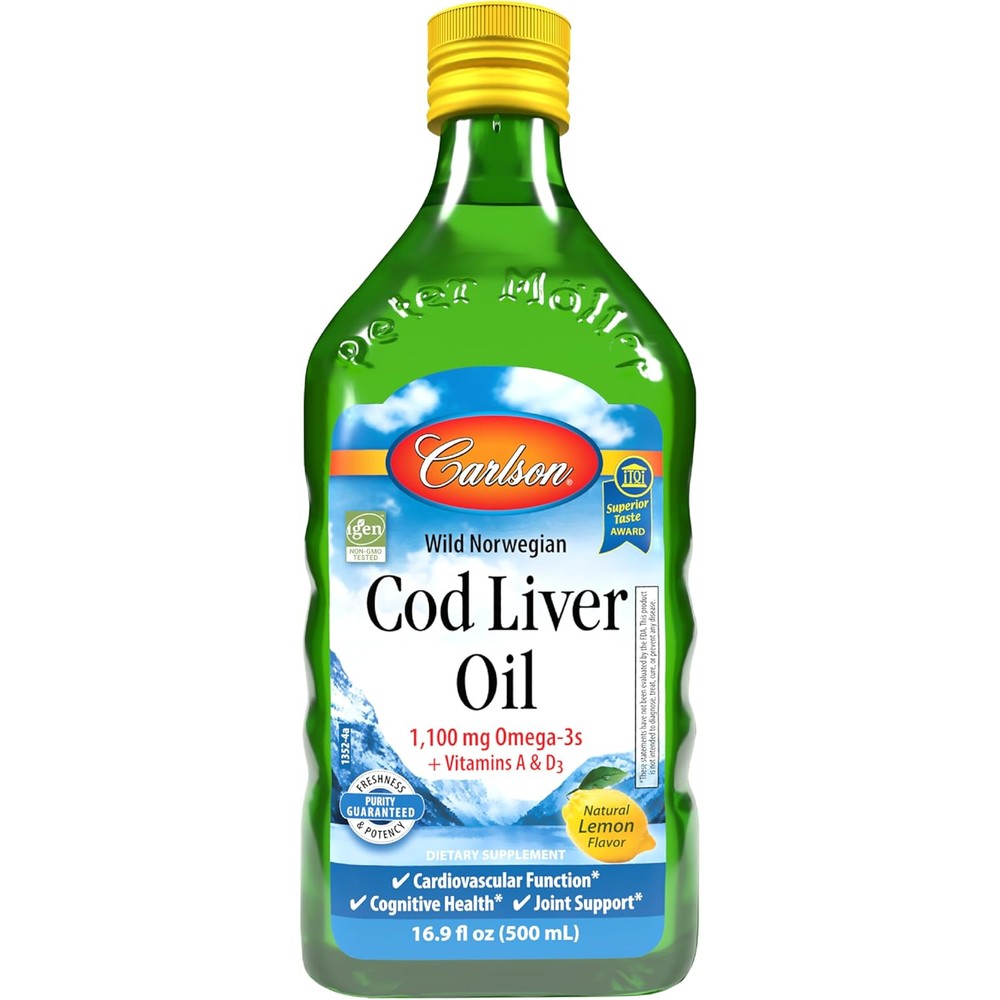 Carlson cod liver oil bottle front view with lemon flavor label