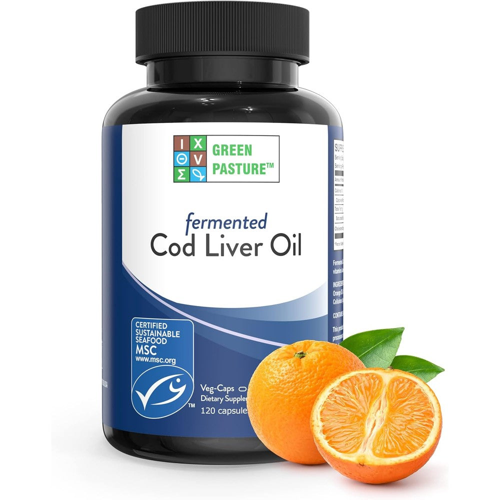Green Pasture Fermented Cod Liver Oil Orange Flavor 120 Capsules front view on white background.