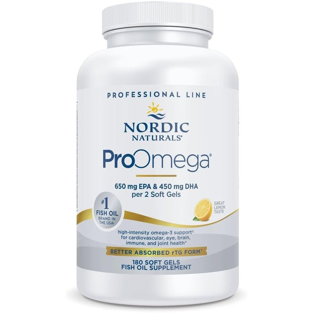 Nordic Naturals ProOmega High Potency Fish Oil 180 Softgels front bottle view showing premium omega 3 packaging