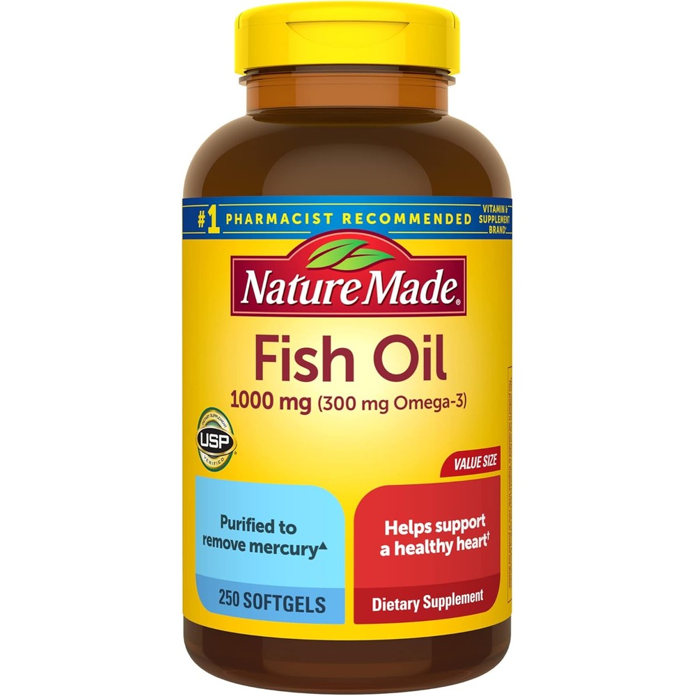 Nature Made Fish Oil 1000 Milligrams 250 Softgels front view showing the product label and bottle.