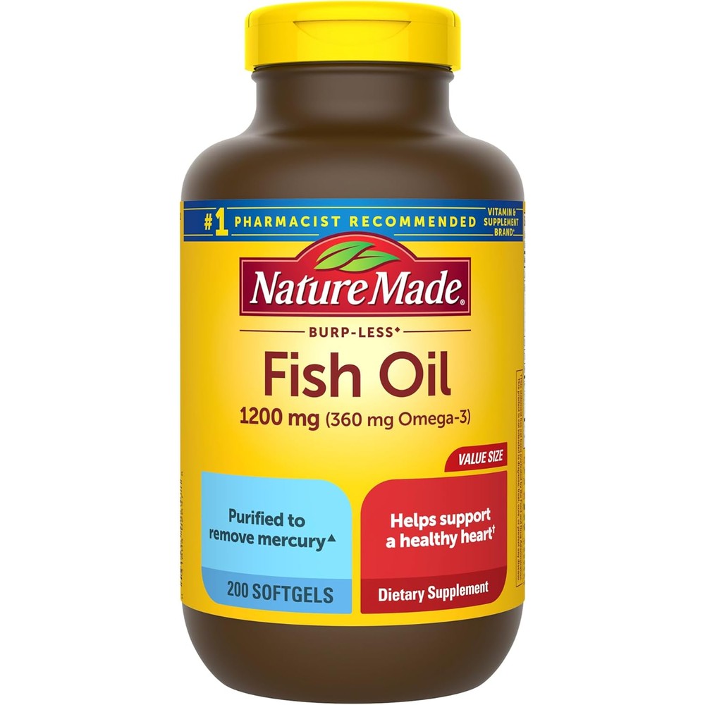 Nature Made Burp Less Fish Oil 1200mg 200 softgels front bottle view