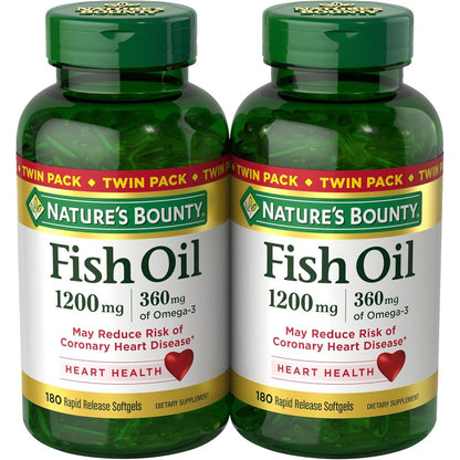 Nature's Bounty Fish Oil 1200mg Twin Pack front view showing 360 rapid release softgels packaging