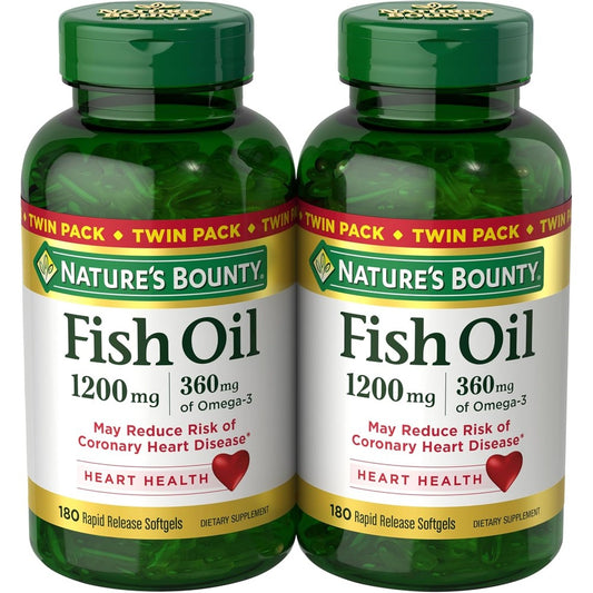 Nature's Bounty Fish Oil 1200mg Twin Pack front view showing 360 rapid release softgels packaging