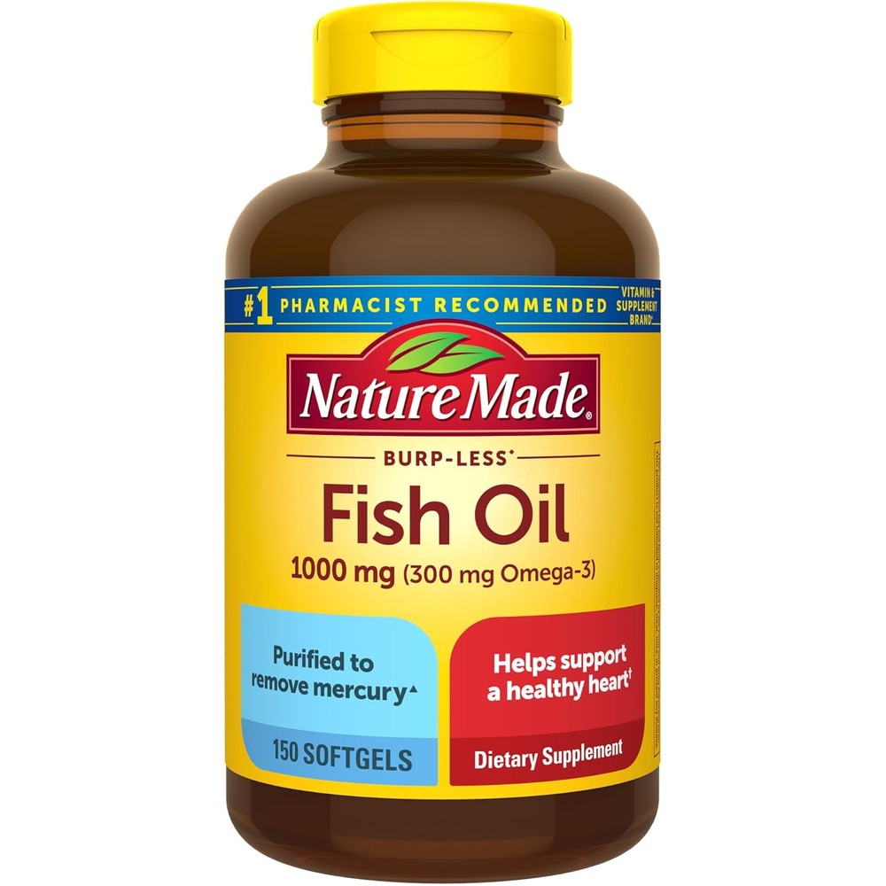 Nature Made Burp Less Fish Oil 1000 Milligrams 150 Softgels front bottle view
