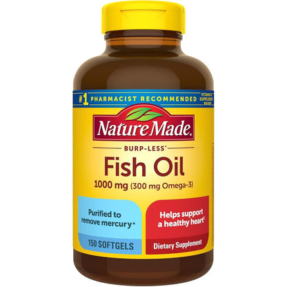 Nature Made Burp Less Fish Oil 1000 Milligrams 150 Softgels front bottle view