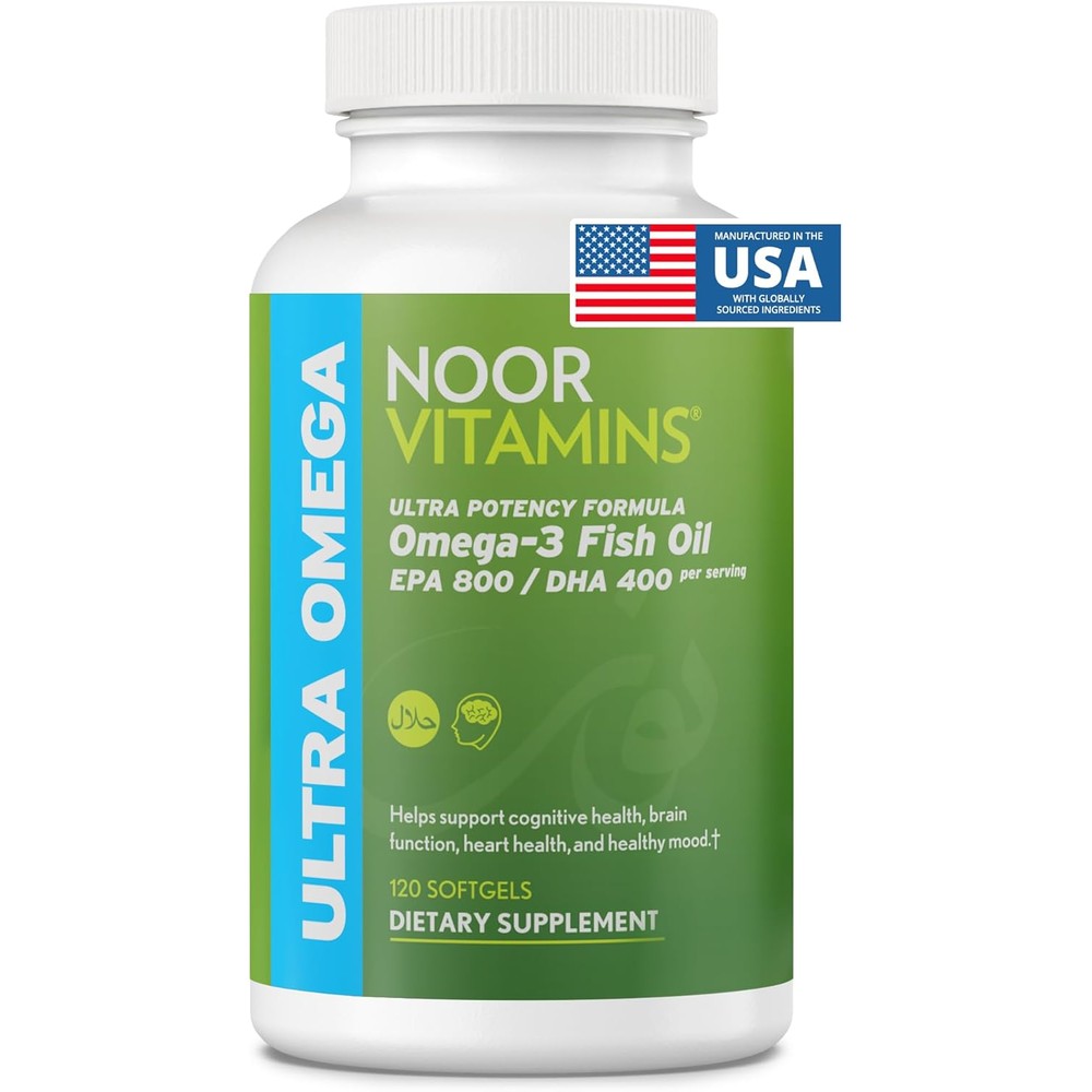 Noor Vitamins Halal Fish Oil Ultra Omega 3 front label bottle showing 120 softgels count