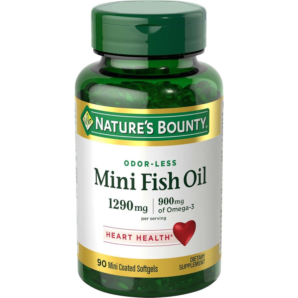 Nature's Bounty Mini Fish Oil 1290mg front bottle layout showing ninety count product.