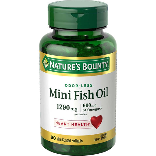 Nature's Bounty Mini Fish Oil 1290mg front bottle layout showing ninety count product.