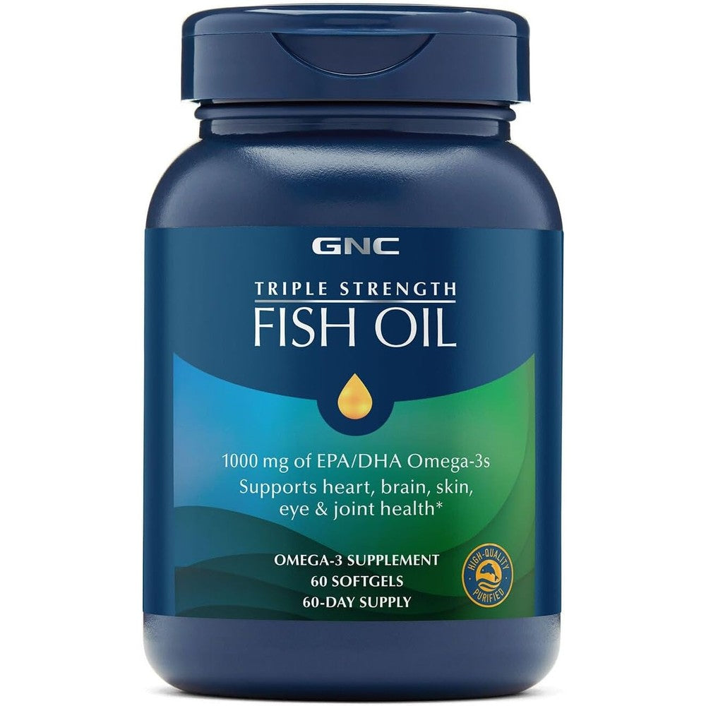 GNC Triple Strength Fish Oil 60 softgels front bottle view