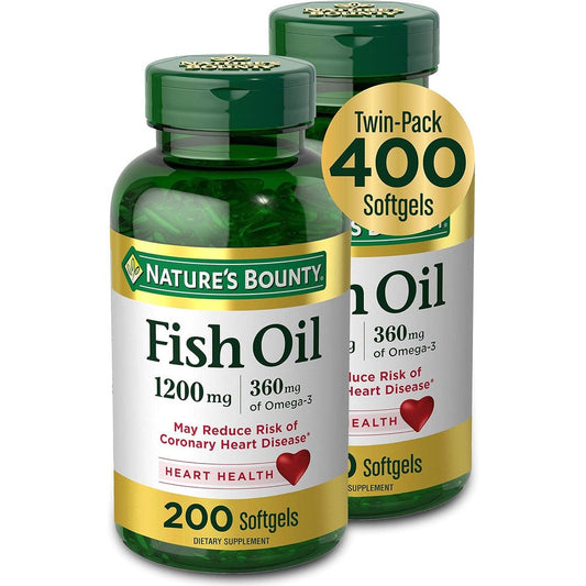 Nature's Bounty Fish Oil 1200mg Twin Pack 200 Coated Softgels front view for heart health support