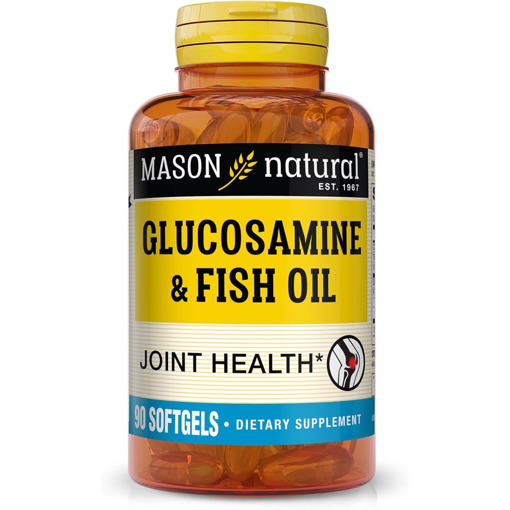 Mason Natural Glucosamine and Fish Oil 90 softgels front bottle view for joint support.