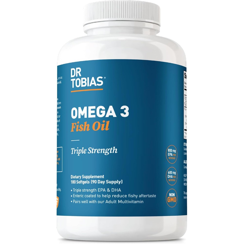 Dr. Tobias Omega 3 Fish Oil Triple Strength 180 softgels bottle front view displaying daily supplement information.
