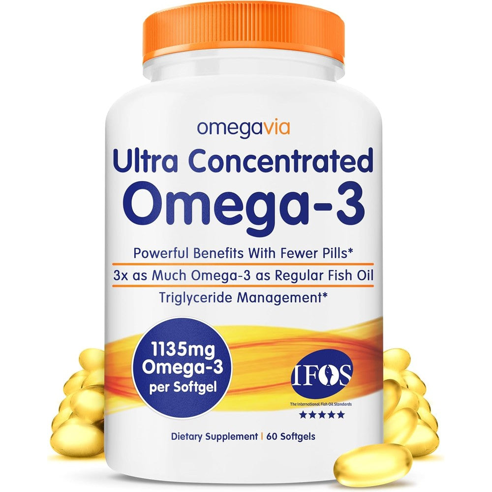 OmegaVia Ultra Concentrated Omega 3 Fish Oil 60 softgels front bottle view showing premium packaging
