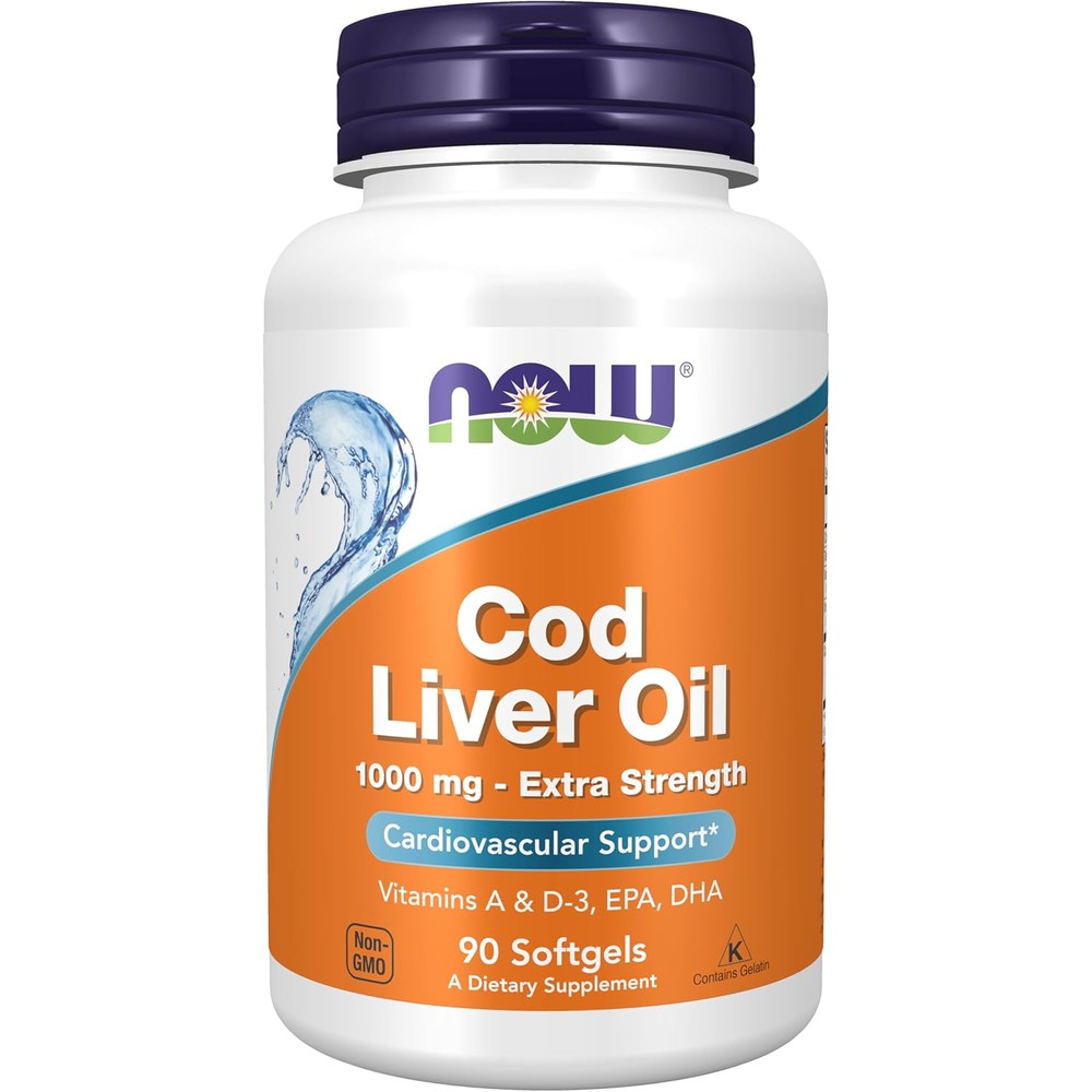 NOW Foods Cod Liver Oil Extra Strength 1000 mg front label view showing 90 softgels package