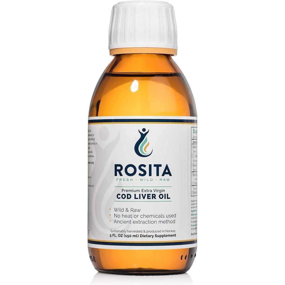 Rosita Real Foods Extra Virgin Cod Liver Oil Liquid unflavored 5 ounce front view bottle showcasing the raw fish oil nutritional supplement.