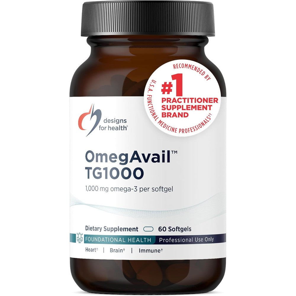 Designs For Health OmegAvail TG1000 softgels bottle front view supplement bottle