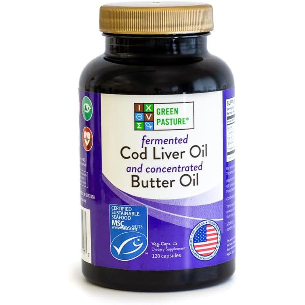 Green Pasture Fermented Cod Liver Oil 120 Capsules front view premium dietary supplement India