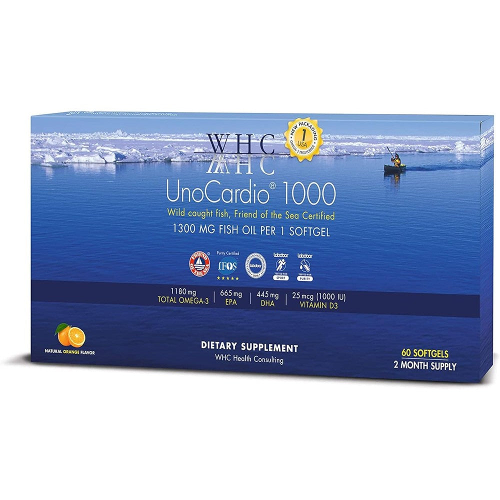 WHC UnoCardio 1000 Fish Oil 60 softgels front view of premium high potency omega 3 supplement bottle