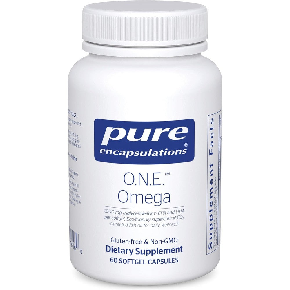 Pure Encapsulations ONE Omega 60 softgels front view showcasing bottle label and dietary supplement details.