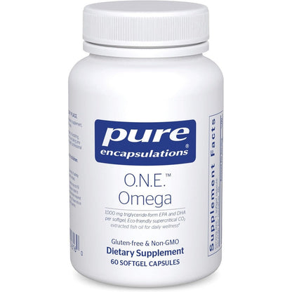 Pure Encapsulations ONE Omega 60 softgels front view showcasing bottle label and dietary supplement details.