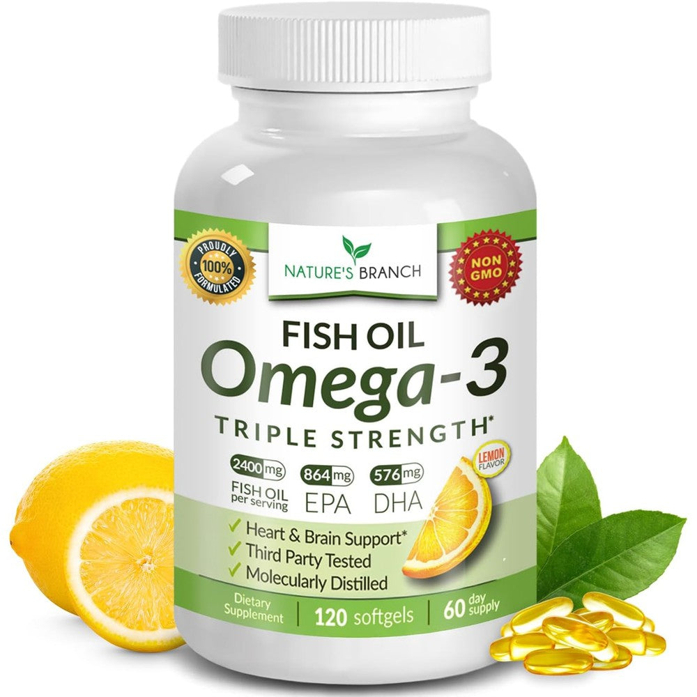 Nature's Branch Triple Strength Omega 3 Fish Oil front view bottle on a clean background showing 120 softgels count.