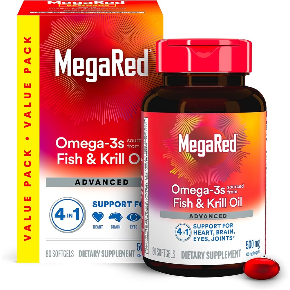 MegaRed Advanced 4 in 1 Omega 3 Fish and Krill Oil 500mg 80 Softgels bottle front view showing product details