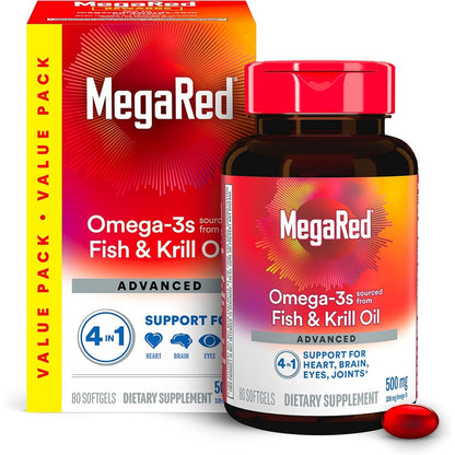 MegaRed Advanced 4 in 1 Omega 3 Fish and Krill Oil 500mg 80 Softgels bottle front view showing product details