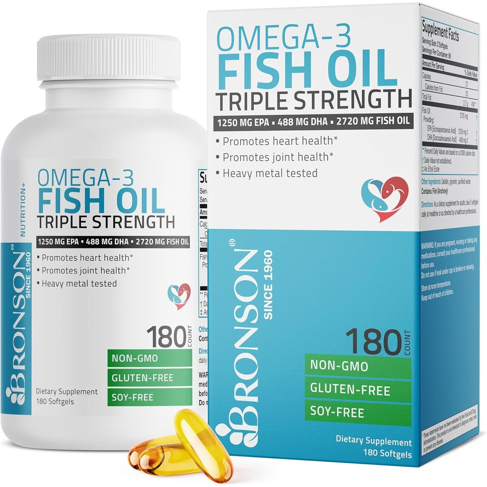 Bronson Triple Strength Omega 3 Fish Oil 180 softgels front bottle view