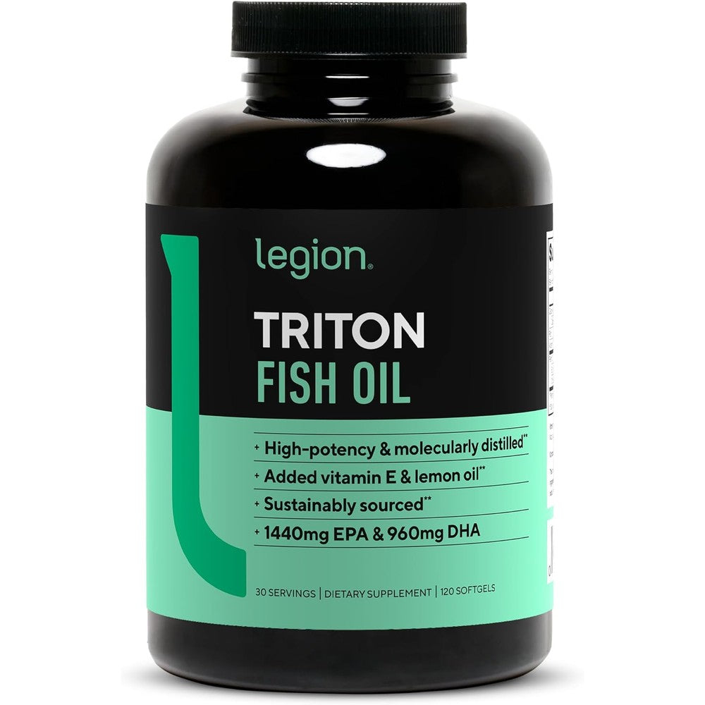 Legion Triton triple strength omega 3 fish oil supplement front view bottle