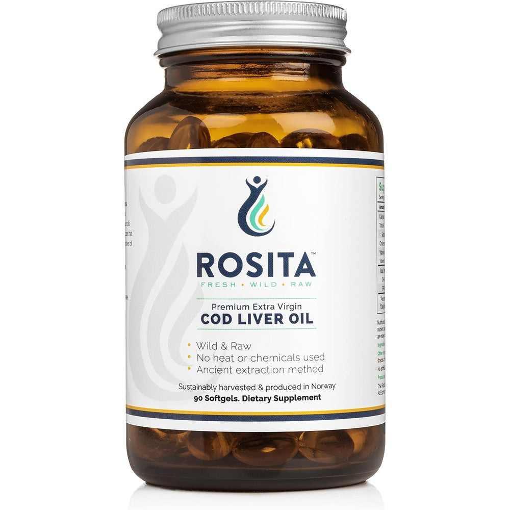 Rosita Real Foods Extra Virgin Cod Liver Oil 90 softgels bottle front view premium omega 3 supplement