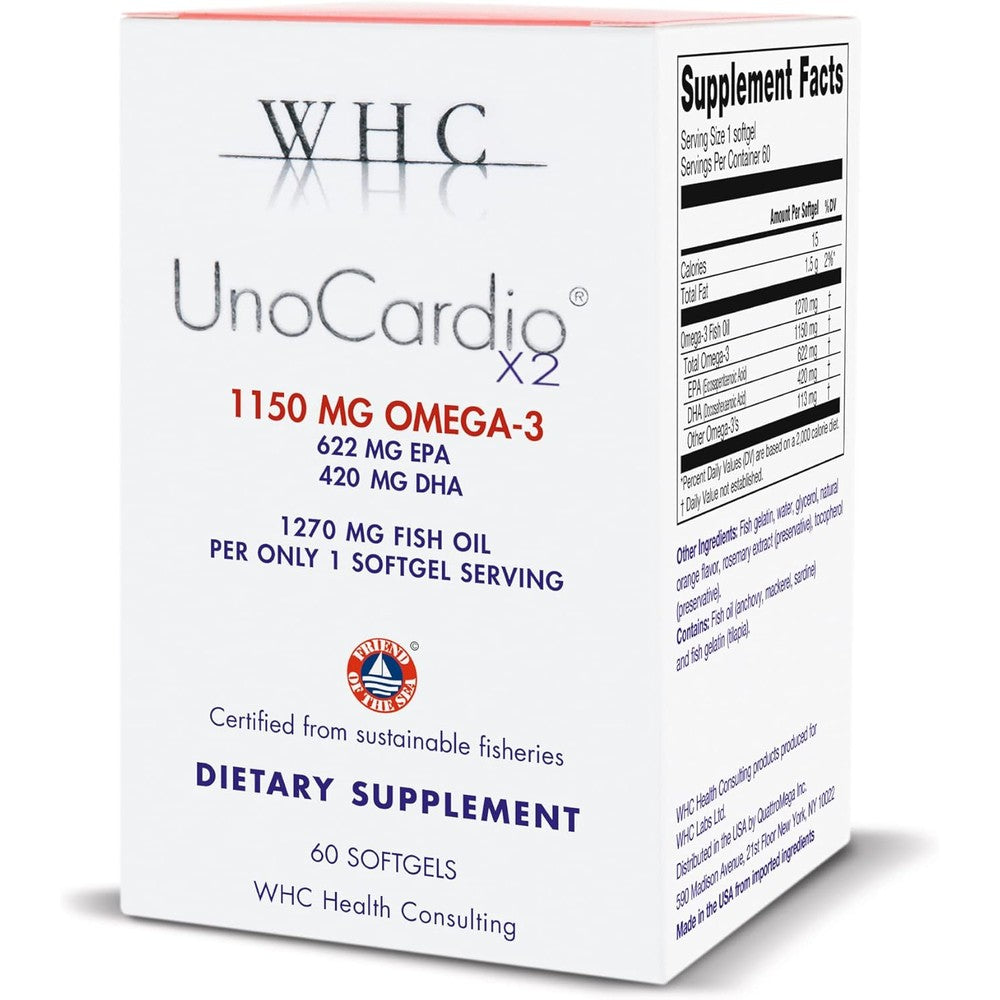 WHC UnoCardio X2 Omega 3 Fish Oil 60 Softgels front bottle view