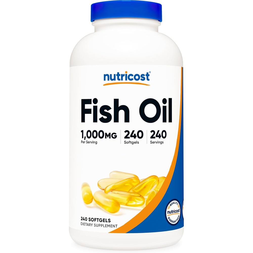 Nutricost Fish Oil Omega 3 1000mg dietary supplement bottle front view showing 240 softgels count label.